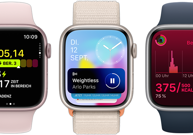 Vorderansicht von fünf Apple Watch Geräten, die zeigen, wie viel mehr Infos mit dem watchOS 10 Update auf das Display passen.